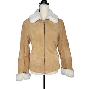 J Percey Marvin Richards Leather Faux Fur Camel Form Fitting Winter Coat Size XS